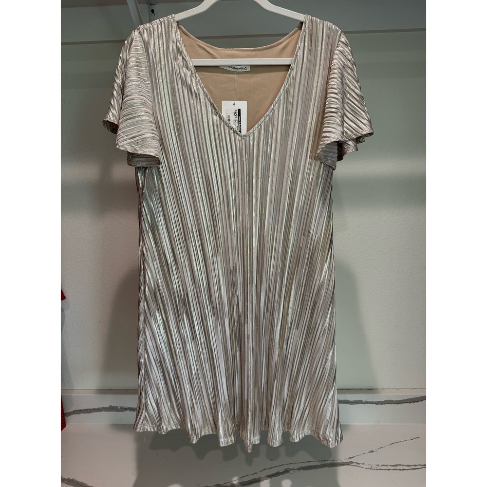 NWT‎ Carmela Pleated Bodre Foil Flare Dress Size Medium